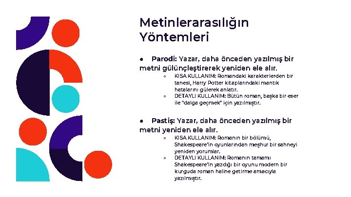 Metinlerarasılığın Yöntemleri ● Parodi: Yazar, daha önceden yazılmış bir metni gülünçleştirerek yeniden ele alır.