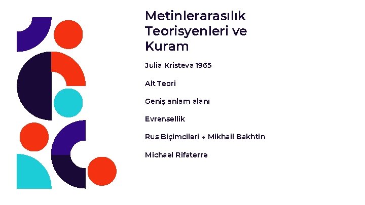 Metinlerarasılık Teorisyenleri ve Kuram Julia Kristeva 1965 Alt Teori Geniş anlam alanı Evrensellik Rus