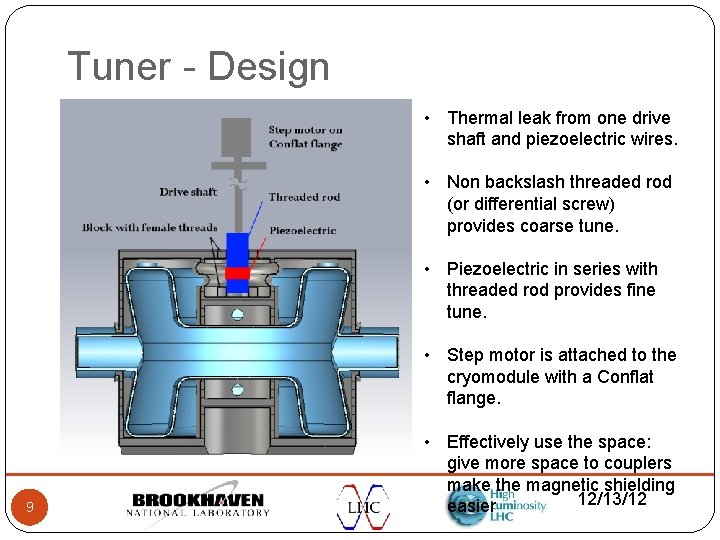 Tuner - Design • Thermal leak from one drive shaft and piezoelectric wires. •