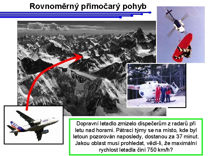 Rovnoměrný přímočarý pohyb Dopravní letadlo zmizelo dispečerům z radarů při letu nad horami. Pátrací