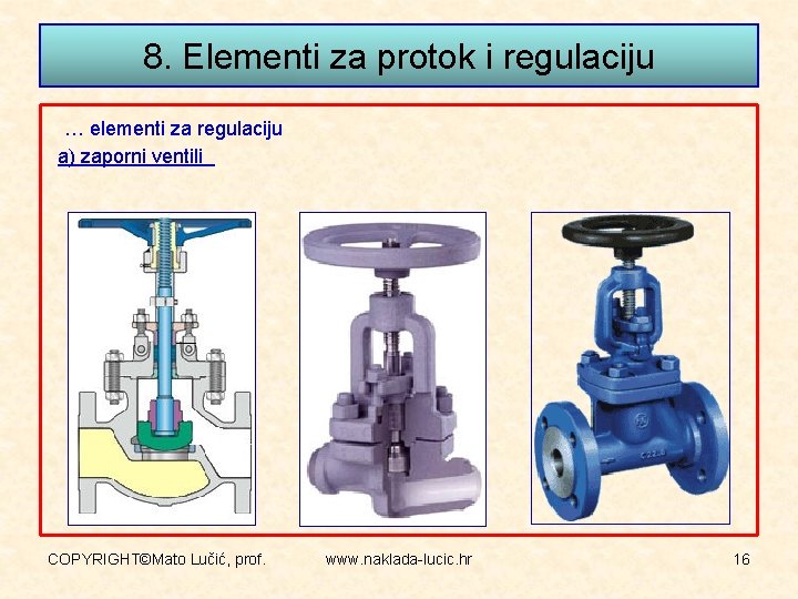 8. Elementi za protok i regulaciju … elementi za regulaciju a) zaporni ventili COPYRIGHT©Mato