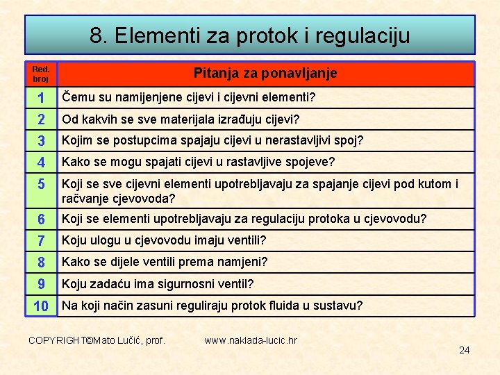 8. Elementi za protok i regulaciju Red. broj Pitanja za ponavljanje 1 Čemu su