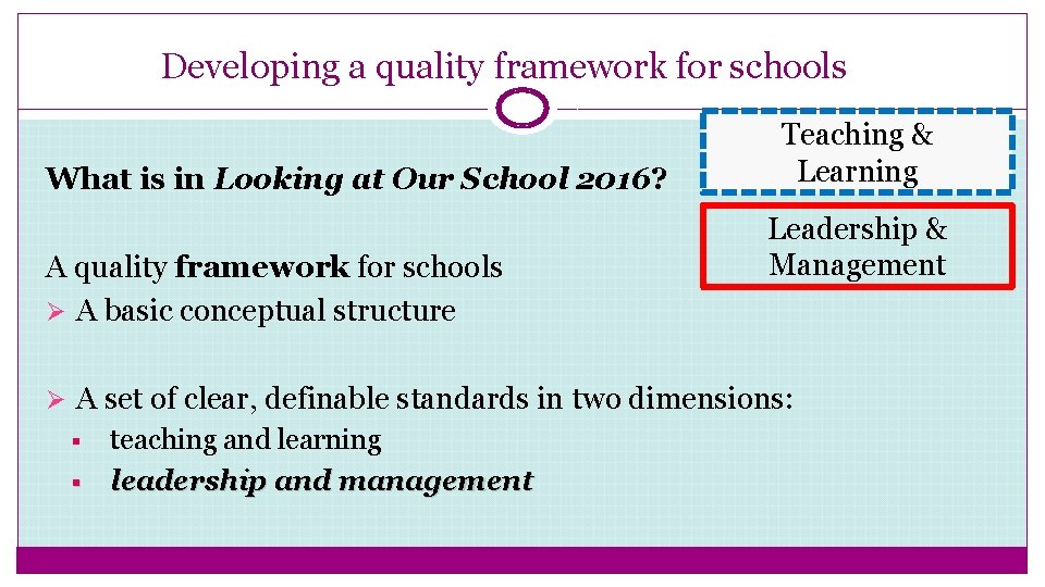 Developing a quality framework for schools What is in Looking at Our School 2016?
