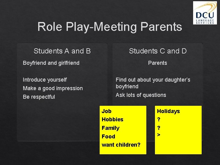 Role Play-Meeting Parents Students A and B Students C and D Boyfriend and girlfriend