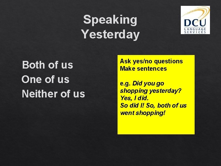 Speaking Yesterday Both of us One of us Neither of us Ask yes/no questions