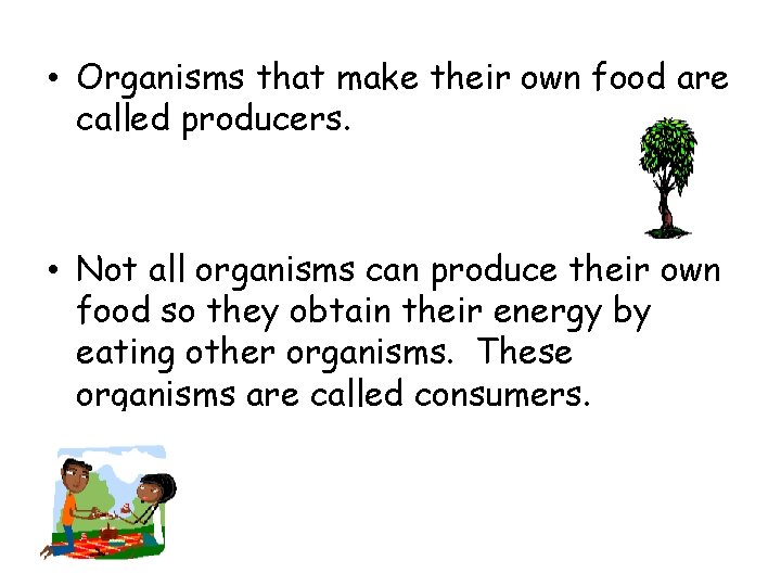  • Organisms that make their own food are called producers. • Not all