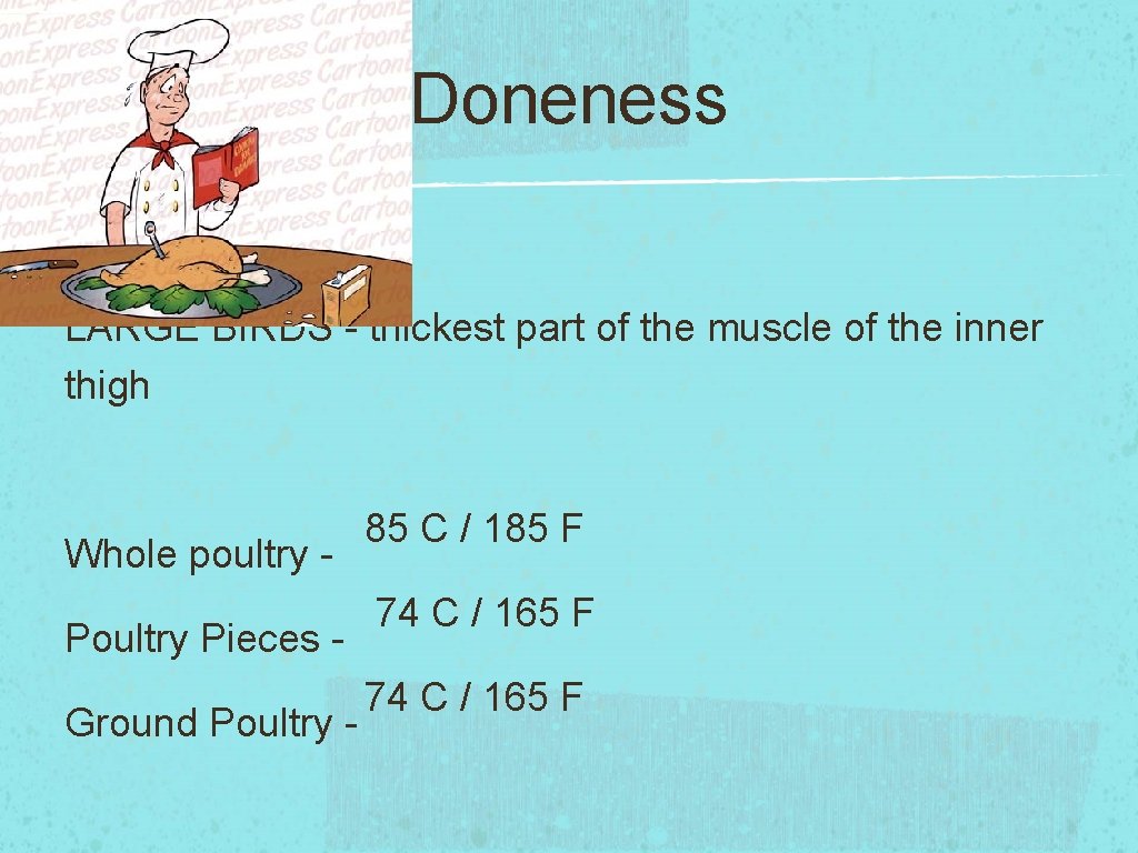 Doneness LARGE BIRDS - thickest part of the muscle of the inner thigh Whole