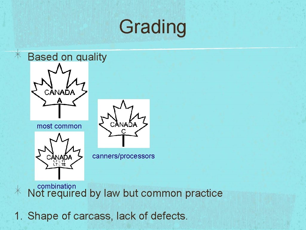 Grading Based on quality most common canners/processors combination Not required by law but common