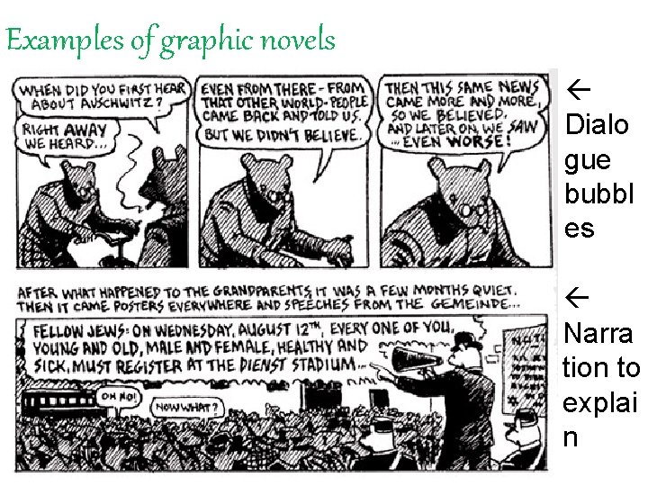 Examples of graphic novels Dialo gue bubbl es Narra tion to explai n 