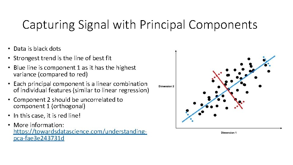 Capturing Signal with Principal Components • Data is black dots • Strongest trend is