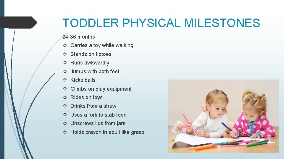 TODDLER PHYSICAL MILESTONES 24 -36 months Carries a toy while walking Stands on tiptoes