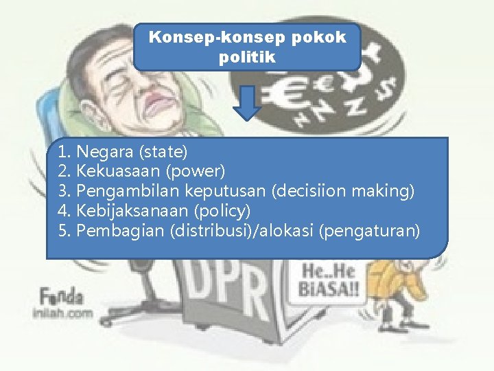 Konsep-konsep pokok politik 1. Negara (state) 2. Kekuasaan (power) 3. Pengambilan keputusan (decisiion making)