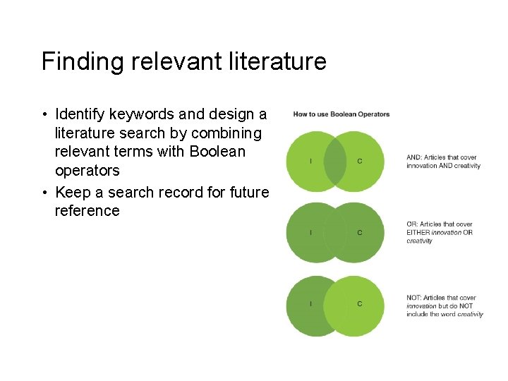 Finding relevant literature • Identify keywords and design a literature search by combining relevant