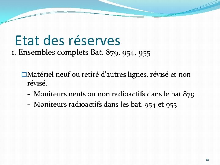 Etat des réserves 1. Ensembles complets Bat. 879, 954, 955 �Matériel neuf ou retiré