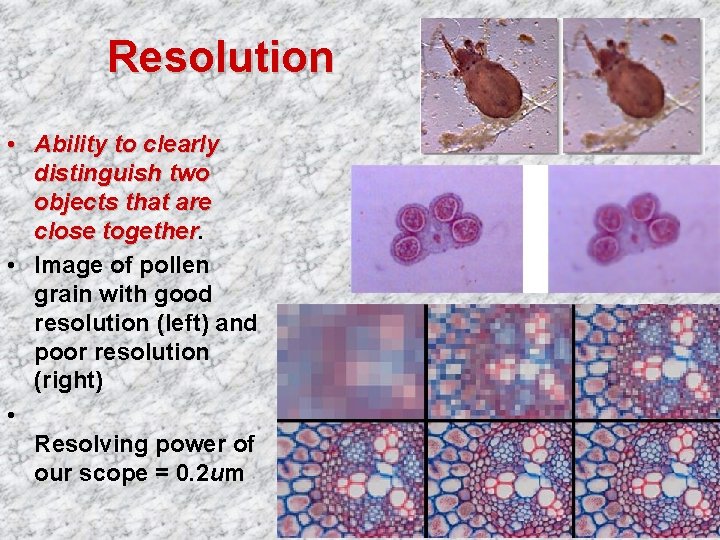 Resolution • Ability to clearly distinguish two objects that are close together • Image