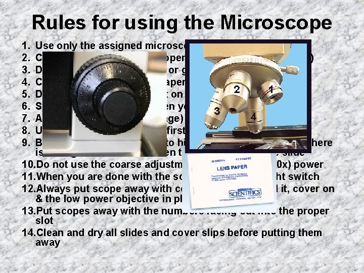 Rules for using the Microscope 1. 2. 3. 4. 5. 6. 7. 8. 9.