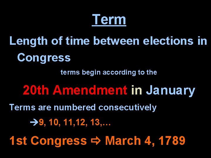 Term Length of time between elections in Congress terms begin according to the 20