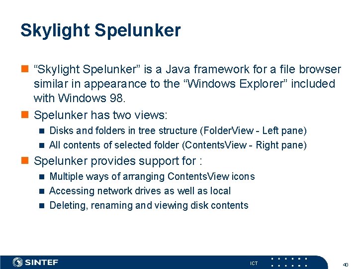 Skylight Spelunker n “Skylight Spelunker” is a Java framework for a file browser similar