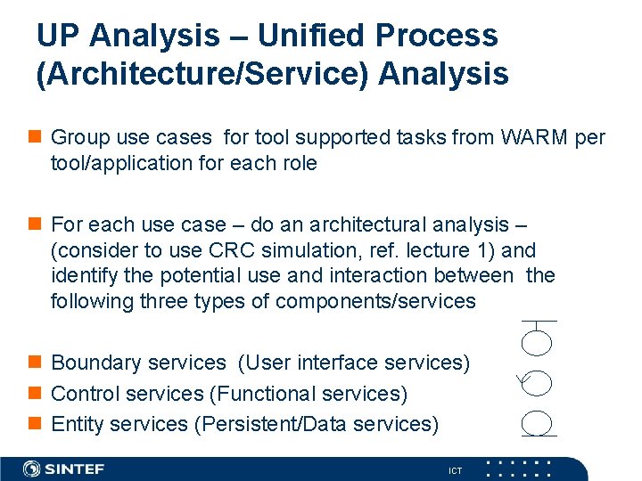 UP Analysis – Unified Process (Architecture/Service) Analysis n Group use cases for tool supported