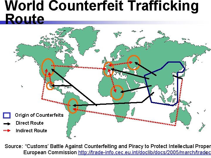 World Counterfeit Trafficking Route Origin of Counterfeits Direct Route Indirect Route Source: “Customs’ Battle