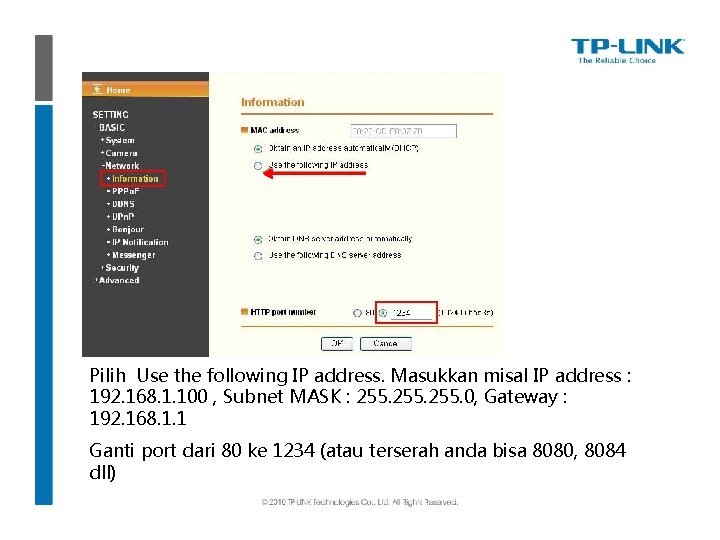 Pilih Use the following IP address. Masukkan misal IP address : 192. 168. 1.