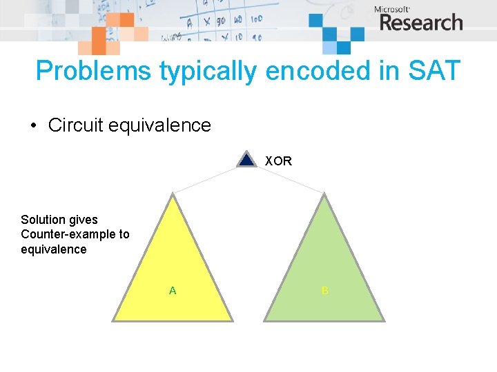 Problems typically encoded in SAT • Circuit equivalence XOR Solution gives Counter-example to equivalence