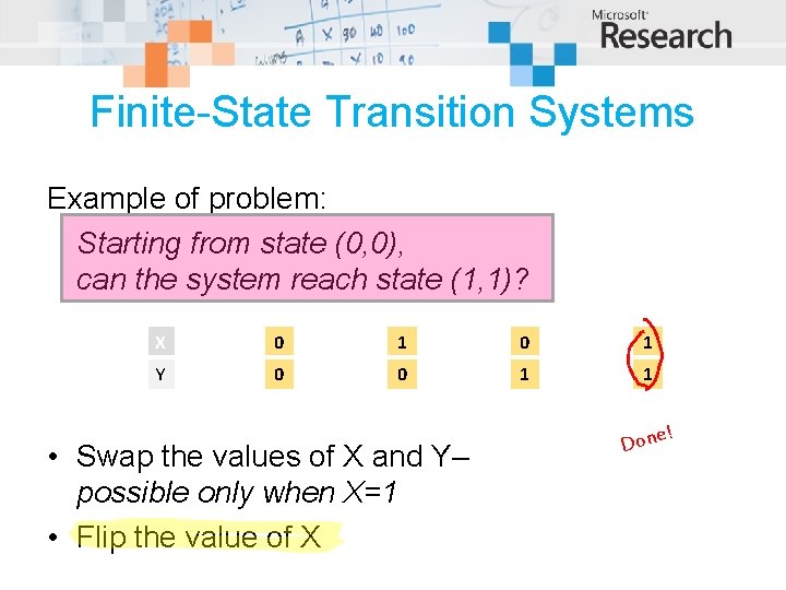 Finite-State Transition Systems Example of problem: Starting from state (0, 0), can the system