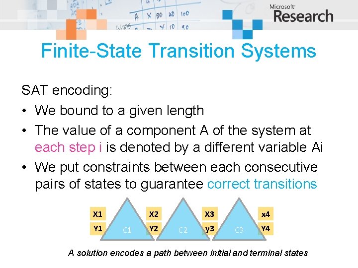 Finite-State Transition Systems SAT encoding: • We bound to a given length • The