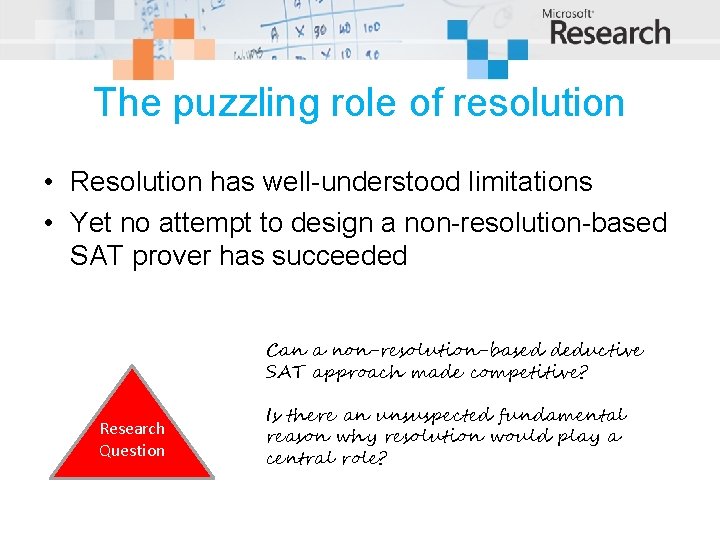 The puzzling role of resolution • Resolution has well-understood limitations • Yet no attempt