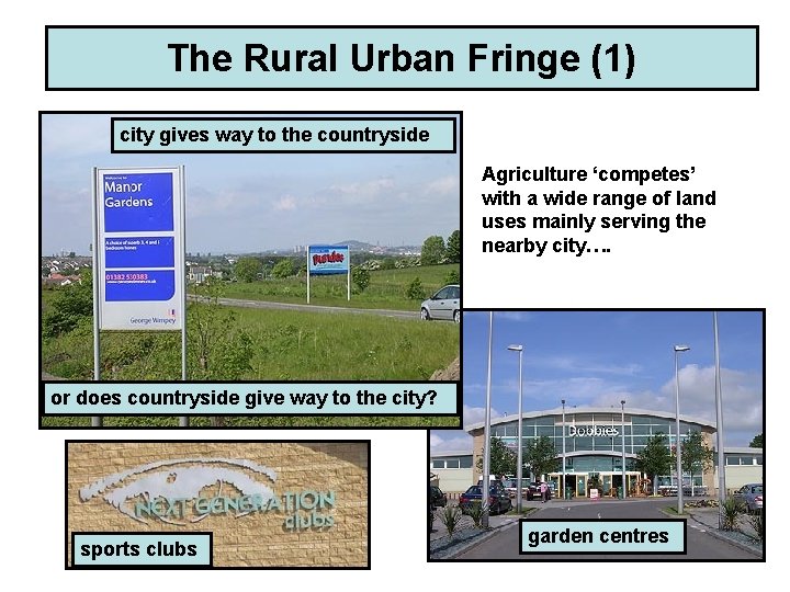 The Rural Urban Fringe (1) city gives way to the countryside Agriculture ‘competes’ with