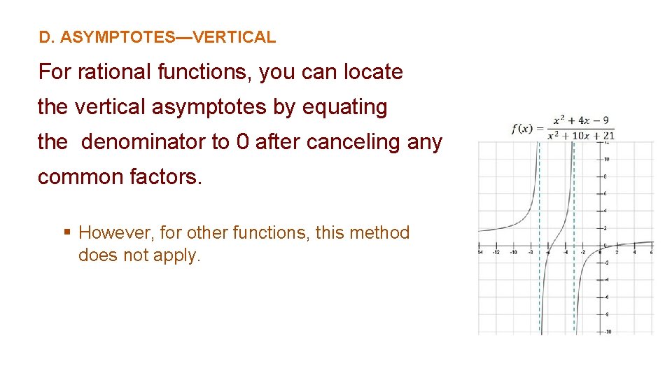 D. ASYMPTOTES—VERTICAL For rational functions, you can locate the vertical asymptotes by equating the