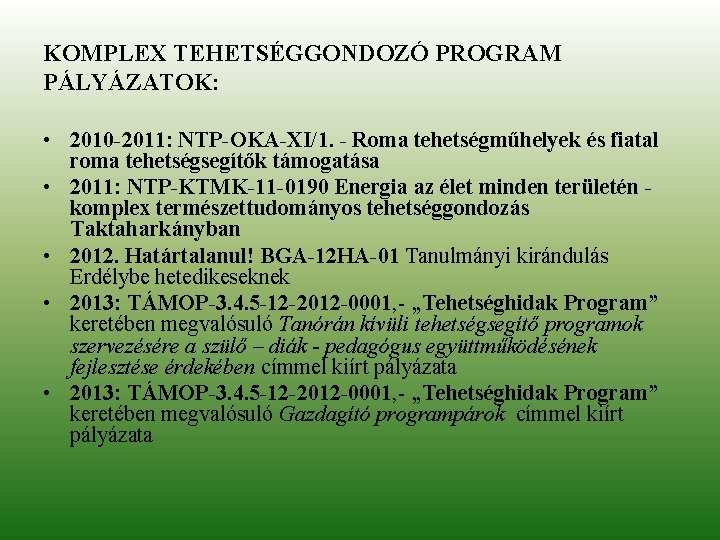 KOMPLEX TEHETSÉGGONDOZÓ PROGRAM PÁLYÁZATOK: • 2010 -2011: NTP-OKA-XI/1. - Roma tehetségműhelyek és fiatal roma
