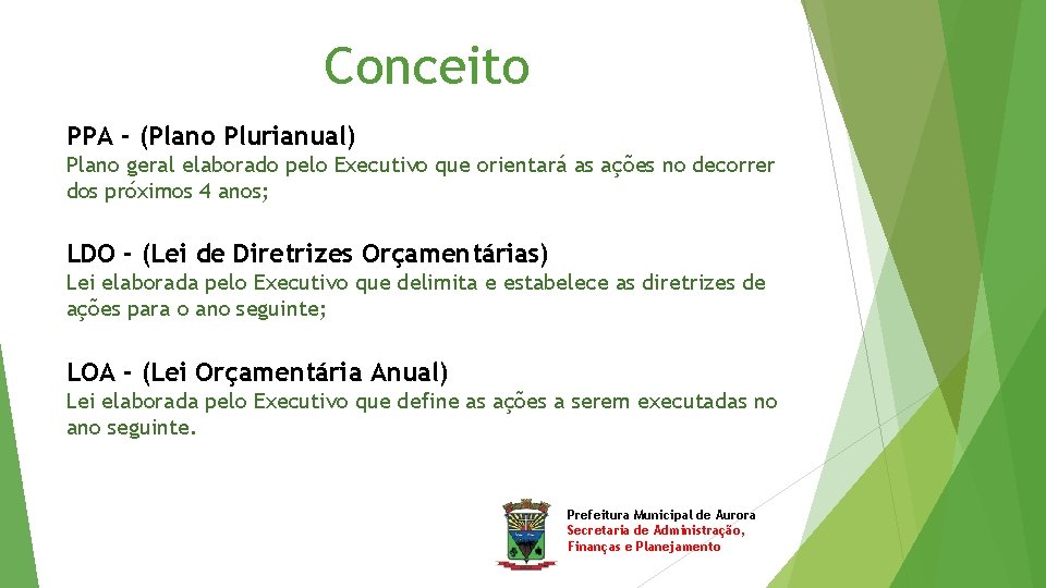 Conceito PPA - (Plano Plurianual) Plano geral elaborado pelo Executivo que orientará as ações