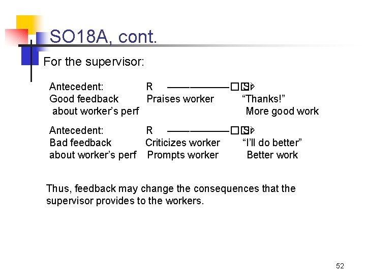 SO 18 A, cont. For the supervisor: Antecedent: R ––––––��> Sr Good feedback Praises