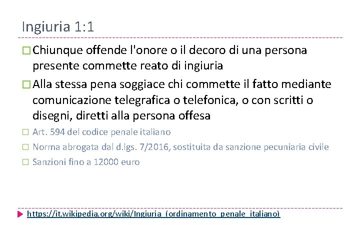 Ingiuria 1: 1 � Chiunque offende l'onore o il decoro di una persona presente