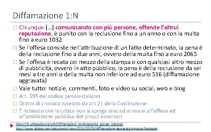 Diffamazione 1: N � Chiunque […] comunicando con più persone, offende l'altrui reputazione, è