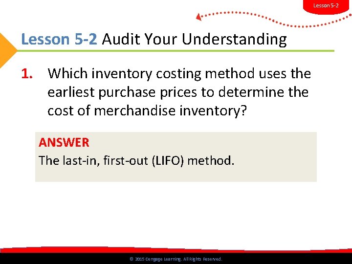 Lesson 5 -2 Audit Your Understanding 1. Which inventory costing method uses the earliest Lesson 5 -2 Audit Your Understanding 1. Which inventory costing method uses the earliest