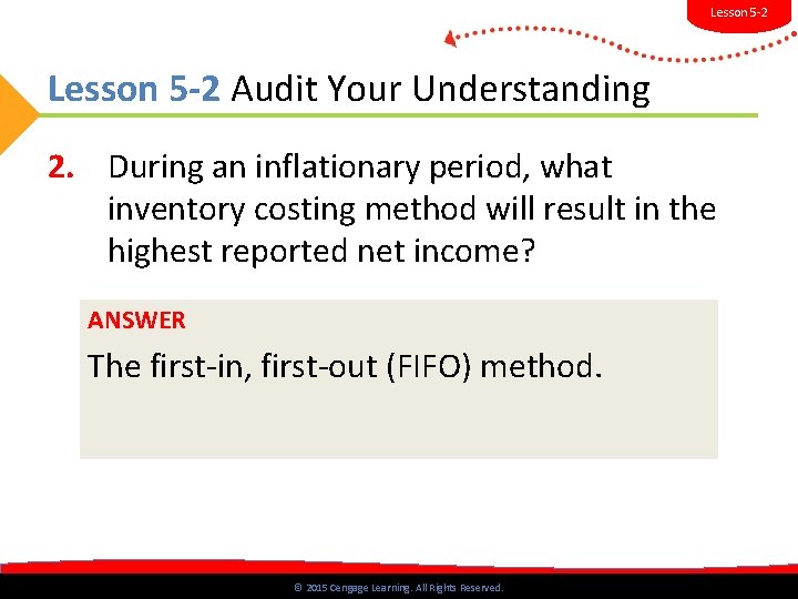 Lesson 5 -2 Audit Your Understanding 2. During an inflationary period, what inventory costing Lesson 5 -2 Audit Your Understanding 2. During an inflationary period, what inventory costing