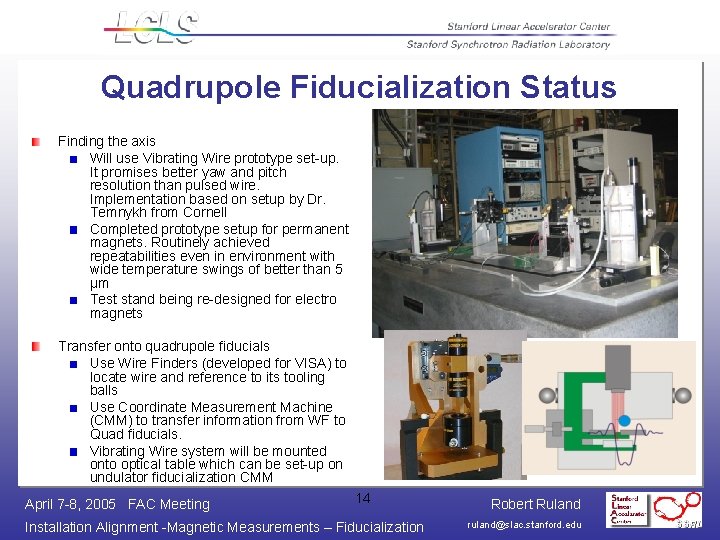 Quadrupole Fiducialization Status Finding the axis Will use Vibrating Wire prototype set-up. It promises