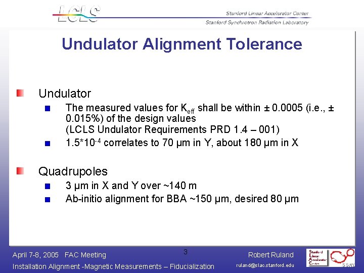 Undulator Alignment Tolerance Undulator The measured values for Keff shall be within ± 0.