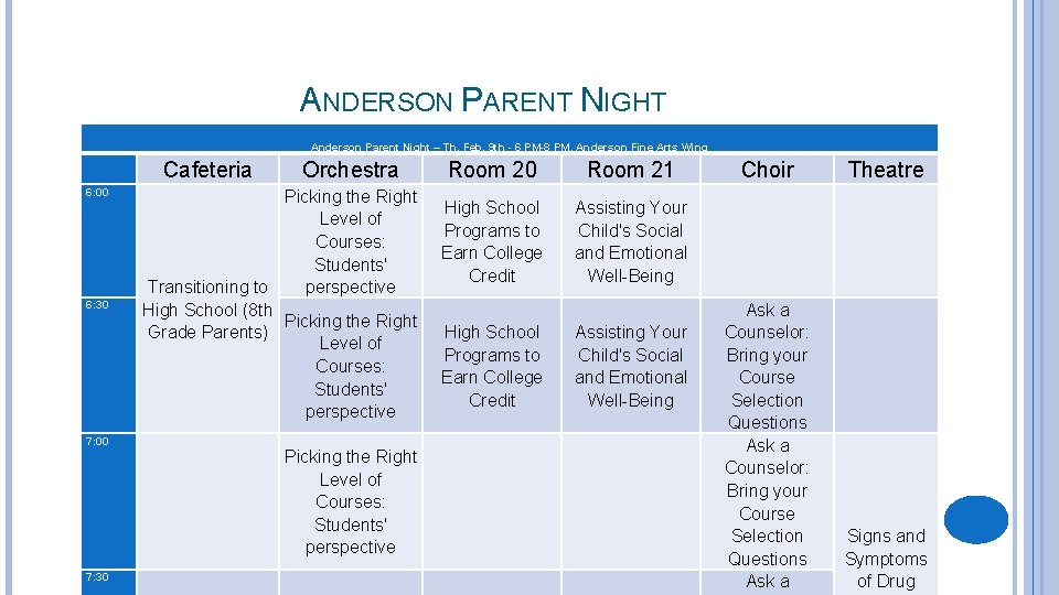 ANDERSON PARENT NIGHT Anderson Parent Night – Th. Feb. 9 th - 6 PM-8