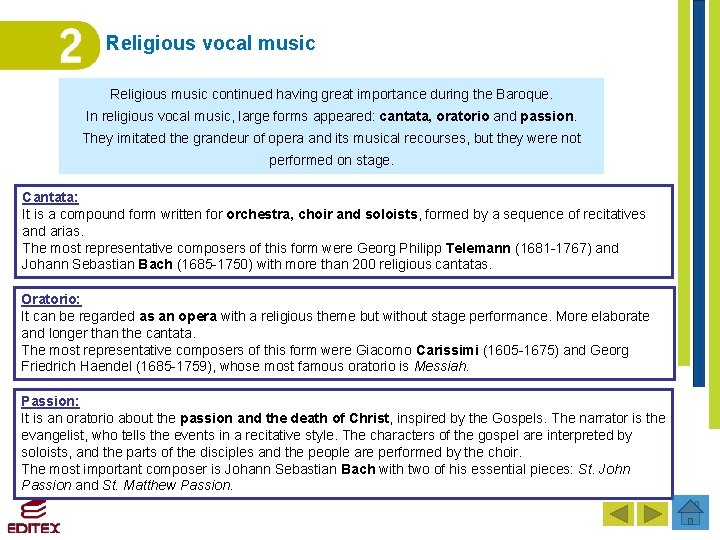 Religious vocal music Religious music continued having great importance during the Baroque. In religious