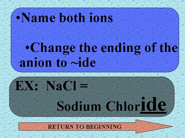  • Name both ions • Change the ending of the anion to ~ide
