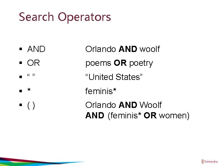 Search Operators § AND Orlando AND woolf § OR poems OR poetry § “”