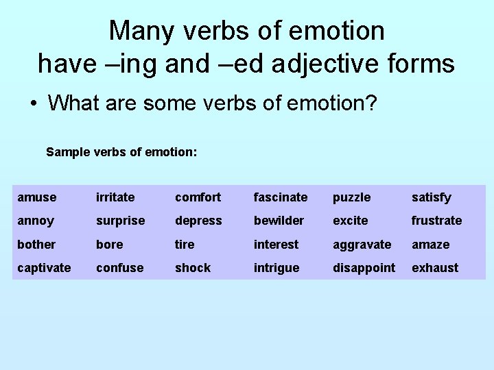 Many verbs of emotion have –ing and –ed adjective forms • What are some