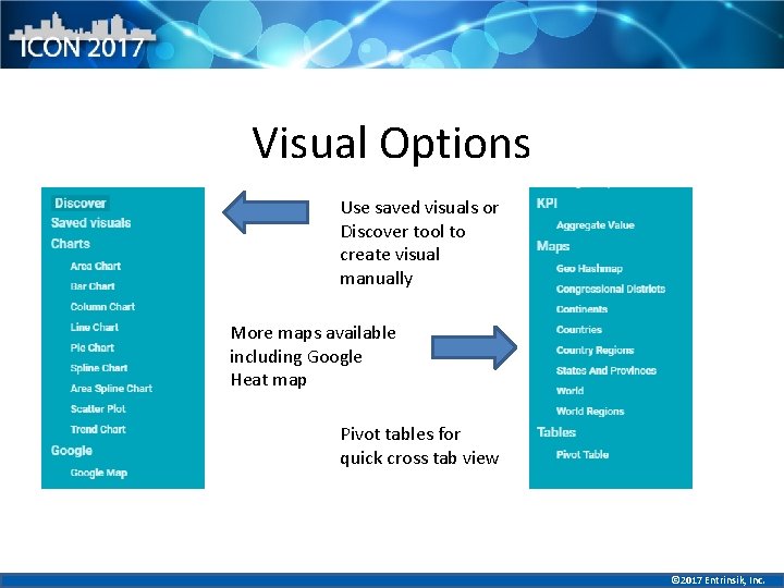 Visual Options Use saved visuals or Discover tool to create visual manually More maps