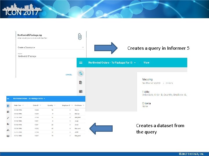 Creates a query in Informer 5 Creates a dataset from the query © 2017