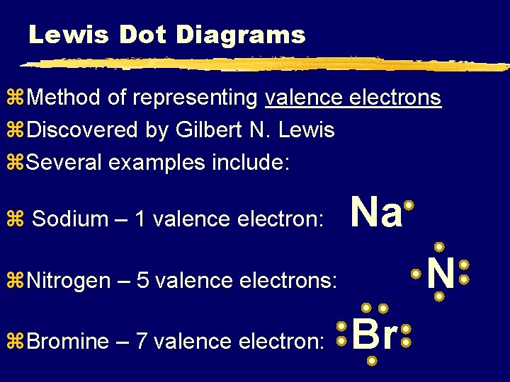 Lewis Dot Diagrams z. Method of representing valence electrons z. Discovered by Gilbert N.