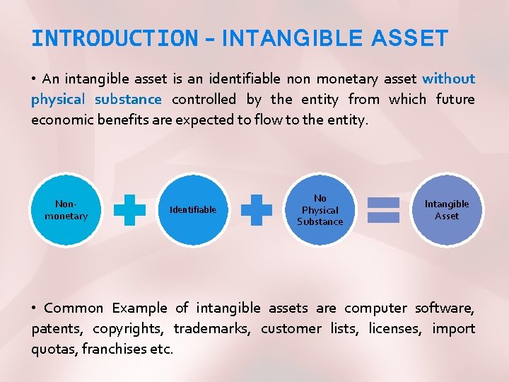 INTRODUCTION – INTANGIBLE ASSET • An intangible asset is an identifiable non monetary asset