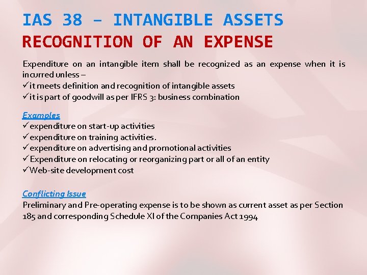 IAS 38 – INTANGIBLE ASSETS RECOGNITION OF AN EXPENSE Expenditure on an intangible item